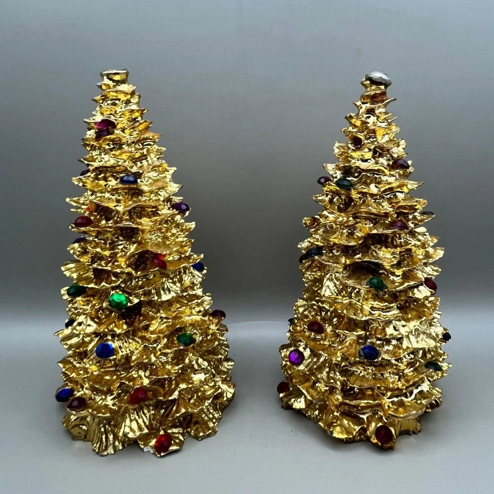 Vtg‎ 1994 Enesco Gold Heavy Jeweled Christmas Tree Tabletop Set of 2 6